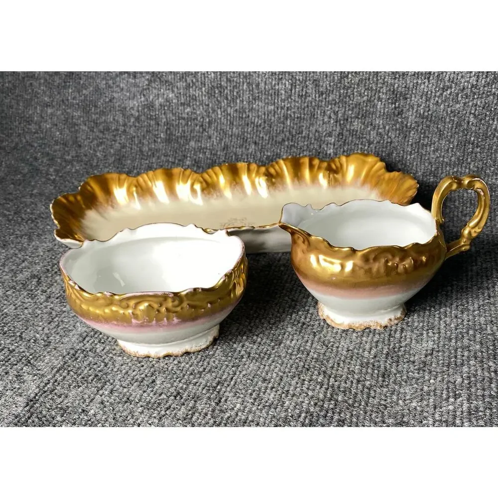 Haviland Limoges Porcelain Gold Gilded Creamer & Sugar Bowl w/Plate Set c1900